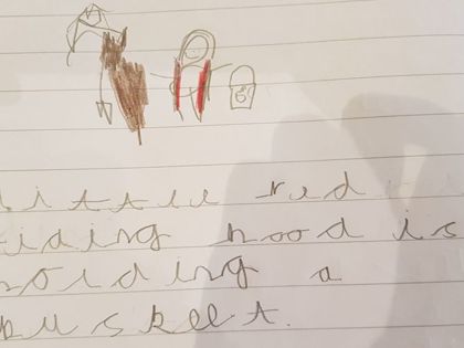 Holly in Foundation did a drawing and wrote about Little Red Riding Hood.