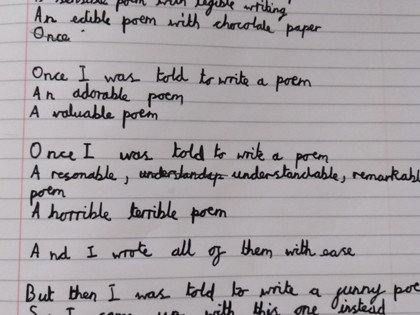 Anna in year 6 has completed her spelling/poetry exercise, Dad was very impressed!