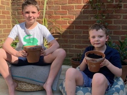 Sebastian and Theo with their freshly potted tomato plants named ‘Bob’ and ‘Jack’. Theo also made Easter bunny pictures.