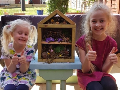 Holly and Ella made a bug hotel this afternoon. They collected the sticks etc on their walks the last couple of days and daddy helped them build the house.