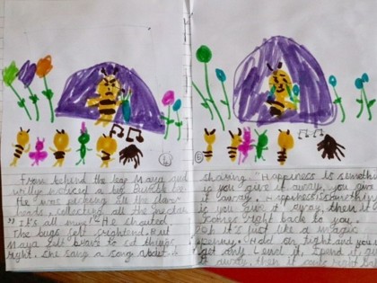 Sophia has been working on the Endangered Animals themed learning . She made a story about Maya the bee, and is doing extra work on the computer, practising maths and spellings. Sophia enjoys her reading in the peaceful garden and making giant bubbles.