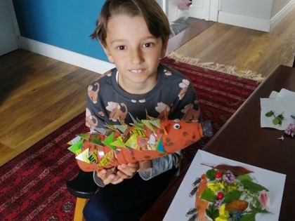 Farzan from Shakespeare class is enjoying term 5 theme. He made hedgehog from recycled materials and also collage from the leaves and flowers he picked up on our walk.