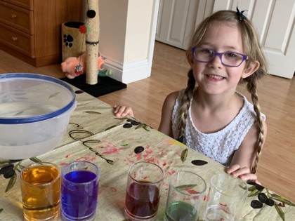 Bethany from Holmes class has been looking at capacity for maths. We made lots of potions with different colour water!  Then we used an egg cup to see how many it would take to fill a shot glass, cup and bowl. Mummy and Bethany made Paddington Bear masks.