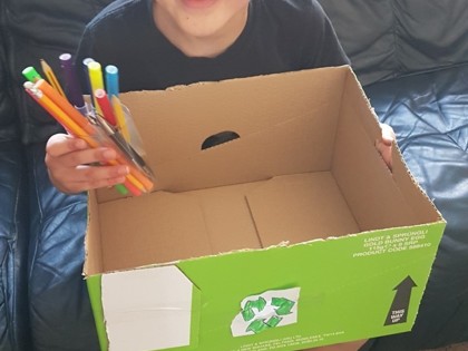 Cody has been trying really hard on his school work he enjoys making stuff with his recycling material and has even made a pen pot out of an empty hand soap bottle. He has learnt a lot about bees he made a bee hive and then a little bee out of wax strips.