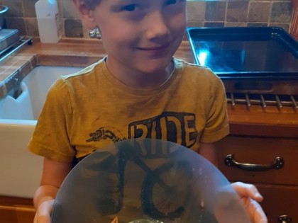 Georgie has been enjoying his home learning. He has made a rain gauge, but has only had rain to measure one day as the weather has been so nice! He has really enjoyed doing the first science experiment making a 'super egg'.