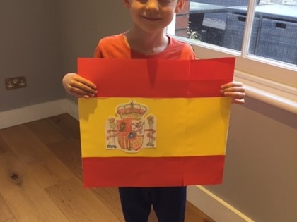 Sebastian enjoyed making his Spanish flag as part of his themed learning, in particular drawing most of the coat of arms and colouring it all in.