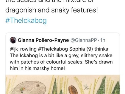 Sophia from Newton class drew a picture of The Ickabog and we tweeted it to JK Rowling, as lots of children have done… we just saw she has retweeted and replied to it, praising Sophia’s drawing! We are OVER THE MOON!!!