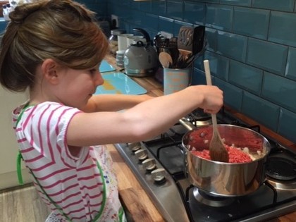 Jessica from Peake class has been cooking a meal together. She chose to cook Spaghetti Bolognese with some help.