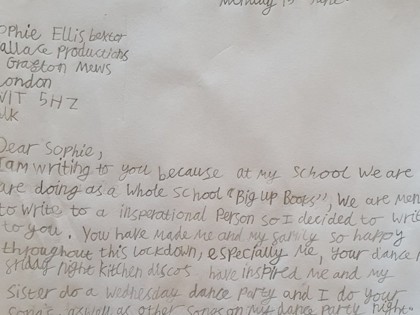 Sienna from Darwin class has written her Big Up Books letter to Sophie Ellis-Bextor, with her lockdown song she had written at the beginning of lockdown.