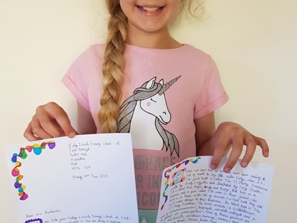 Ella from Darwin class has written her letter to Neil Buchanan from Art Attack. She started watching it on YouTube at the beginning of lockdown and has taken inspiration from it for lots of her art. She has used some techniques to decorate her letter.
