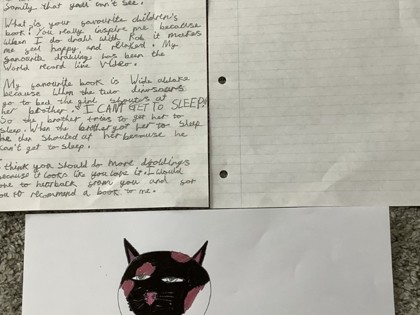 Olive from Pankhurst class has written to Rob Biddulph and included a picture of her cat inspired by Draw with Rob classes she has followed on YouTube. She really hopes she gets a reply!