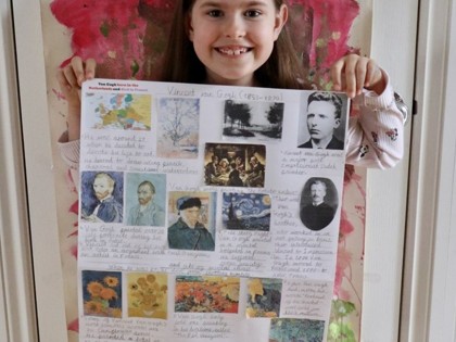 Following themed learning, Sophia from Peake class enjoyed learning about Van Gogh and created a poster with her mum.